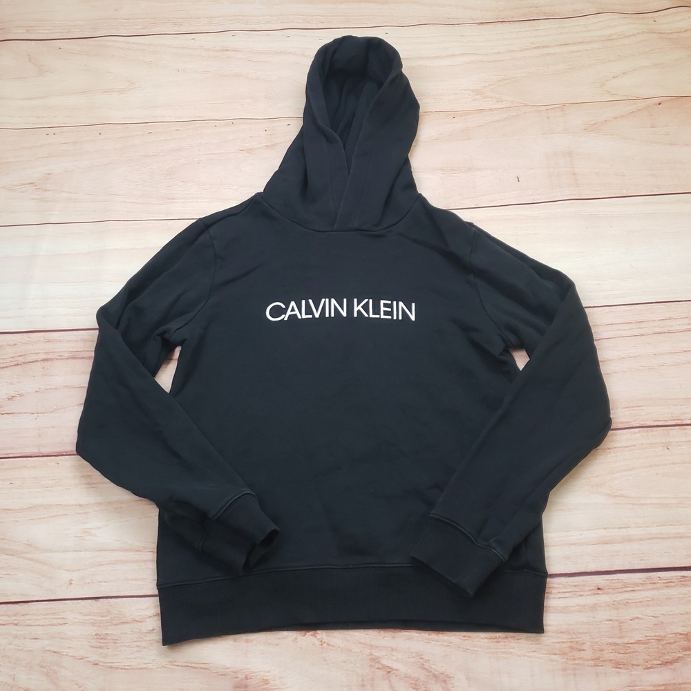 Calvin Klein Hoodie Boys Medium Black Logo Pullover Sweatshirt Spellout Youth
